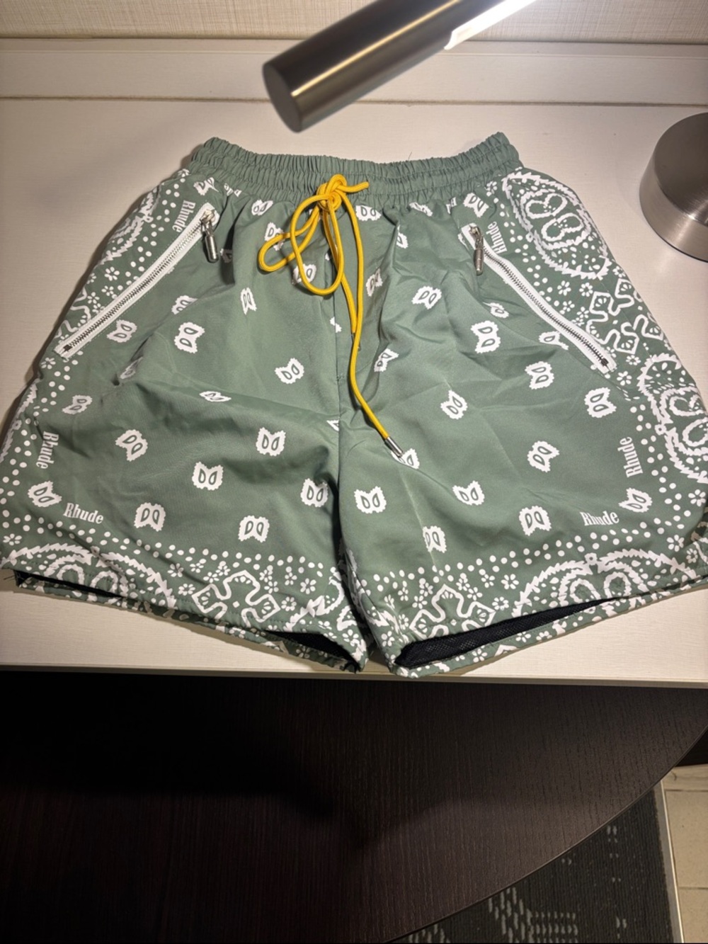 Rhude Sage Green Bandana-Print Athletic Shorts with Yellow Drawstring